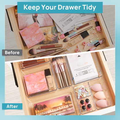 60 PCS Drawer Organizer, 4-Size Clear Plastic Bins Containers, for Bathroom and Vanity Storage