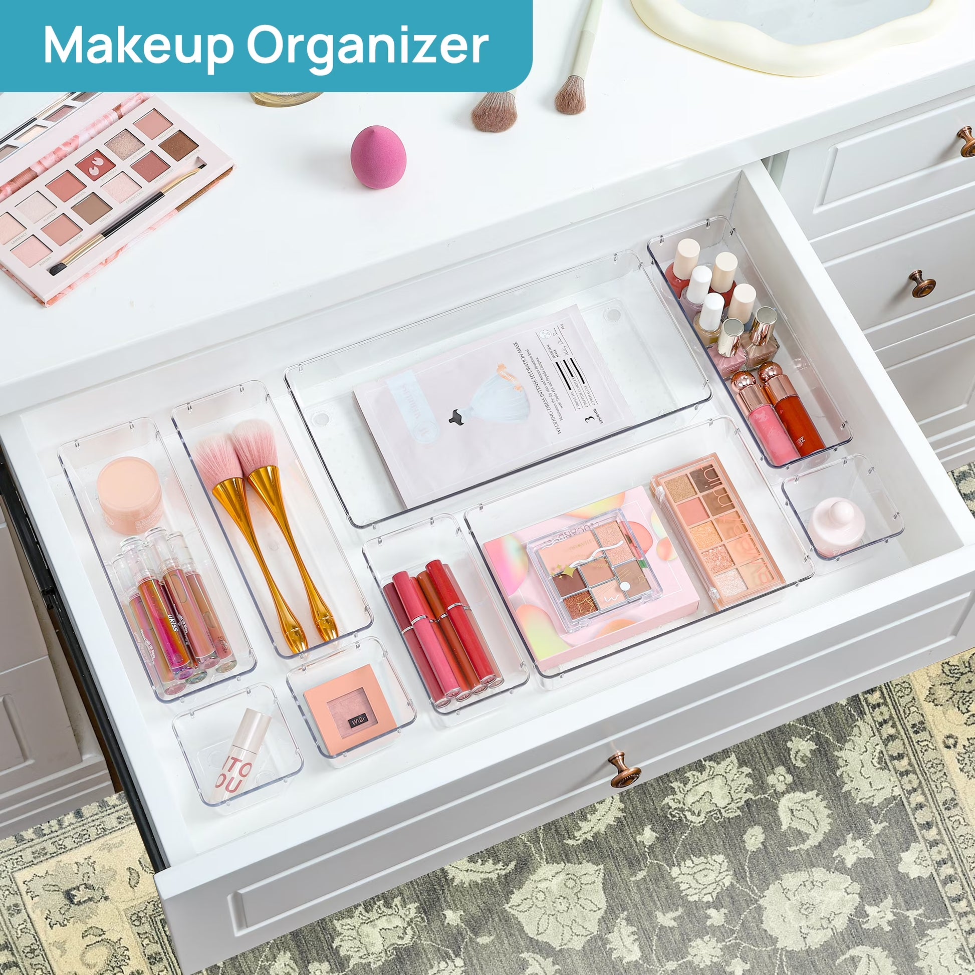 60 PCS Drawer Organizer, 4-Size Clear Plastic Bins Containers, for Bathroom and Vanity Storage