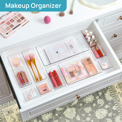 60 PCS Drawer Organizer, 4-Size Clear Plastic Bins Containers, for Bathroom and Vanity Storage