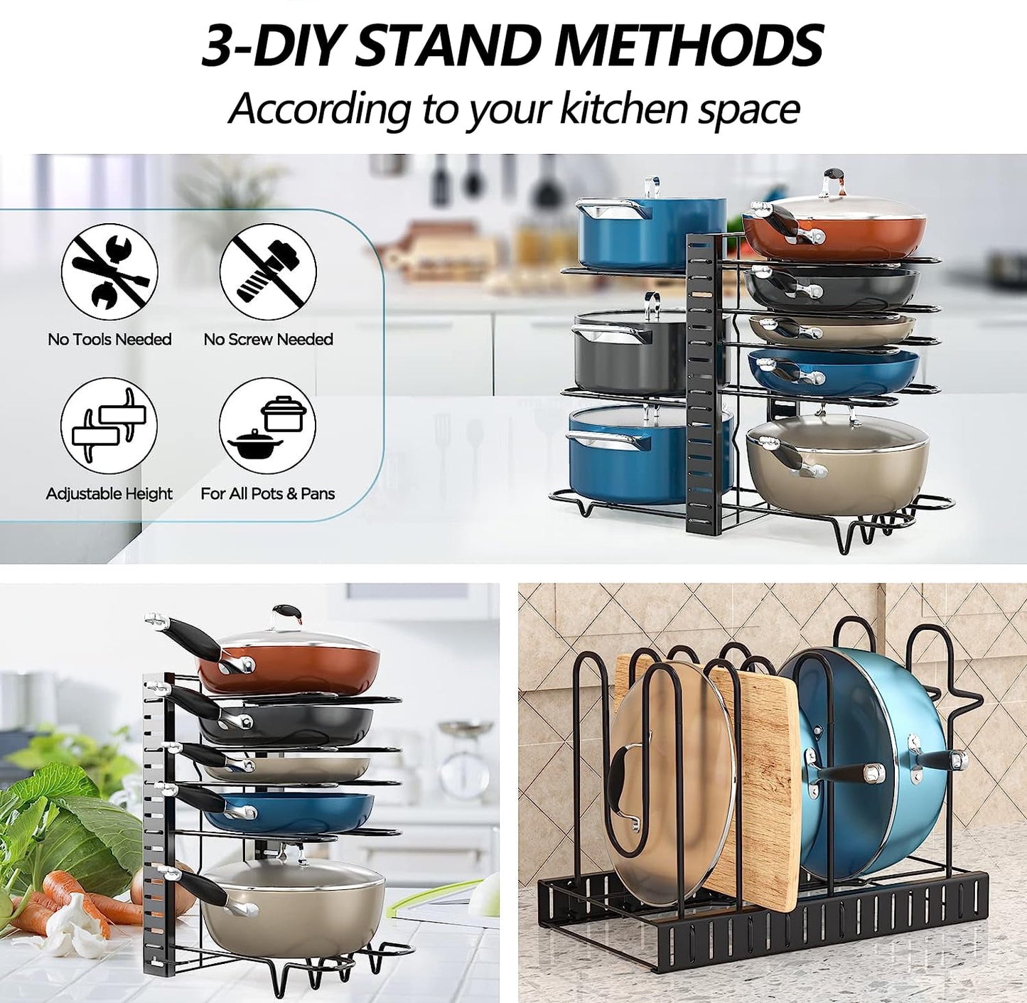 Adjustable 8-Tier Pots and Pans Organizer Rack with Heavy-Duty Metal Construction and Anti-Slip Silicone Pads for Kitchen Cabinet Storage Solutions