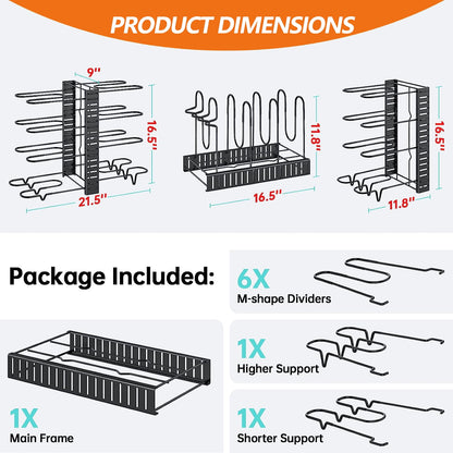 Adjustable 8-Tier Pots and Pans Organizer Rack with Heavy-Duty Metal Construction and Anti-Slip Silicone Pads for Kitchen Cabinet Storage Solutions