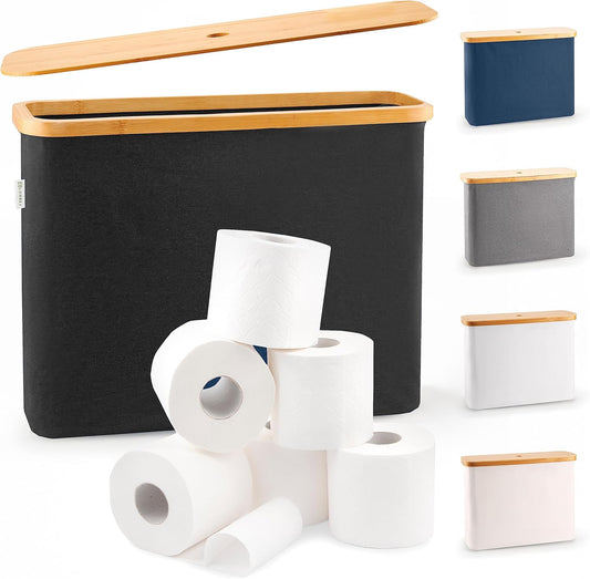 Toilet Paper Storage for 12 Rolls, Stackable & Foldable - the Ultimate Bathroom Organizer - Waterproof Basket with Bamboo Lid - Elegant Toilet Paper Storage Holder, Black