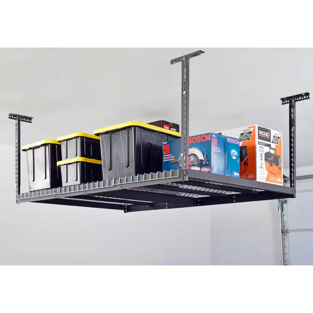 97.5 In. W X 43.75 In. H X 32 In. D Adjustable Height Metal Heavy-Duty Overhead Garage Storage Rack in Black
