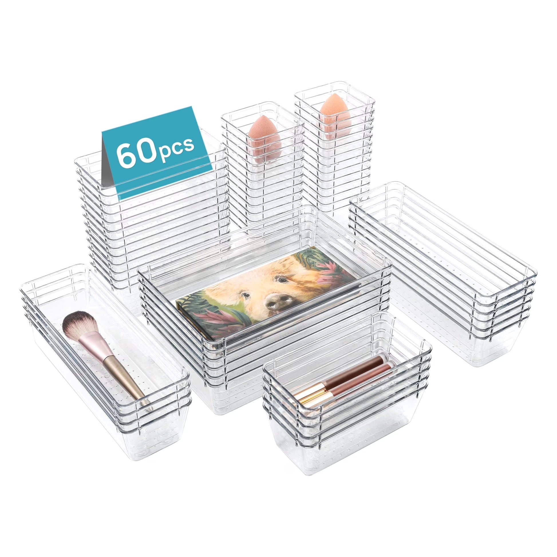 60 PCS Drawer Organizer, 4-Size Clear Plastic Bins Containers, for Bathroom and Vanity Storage