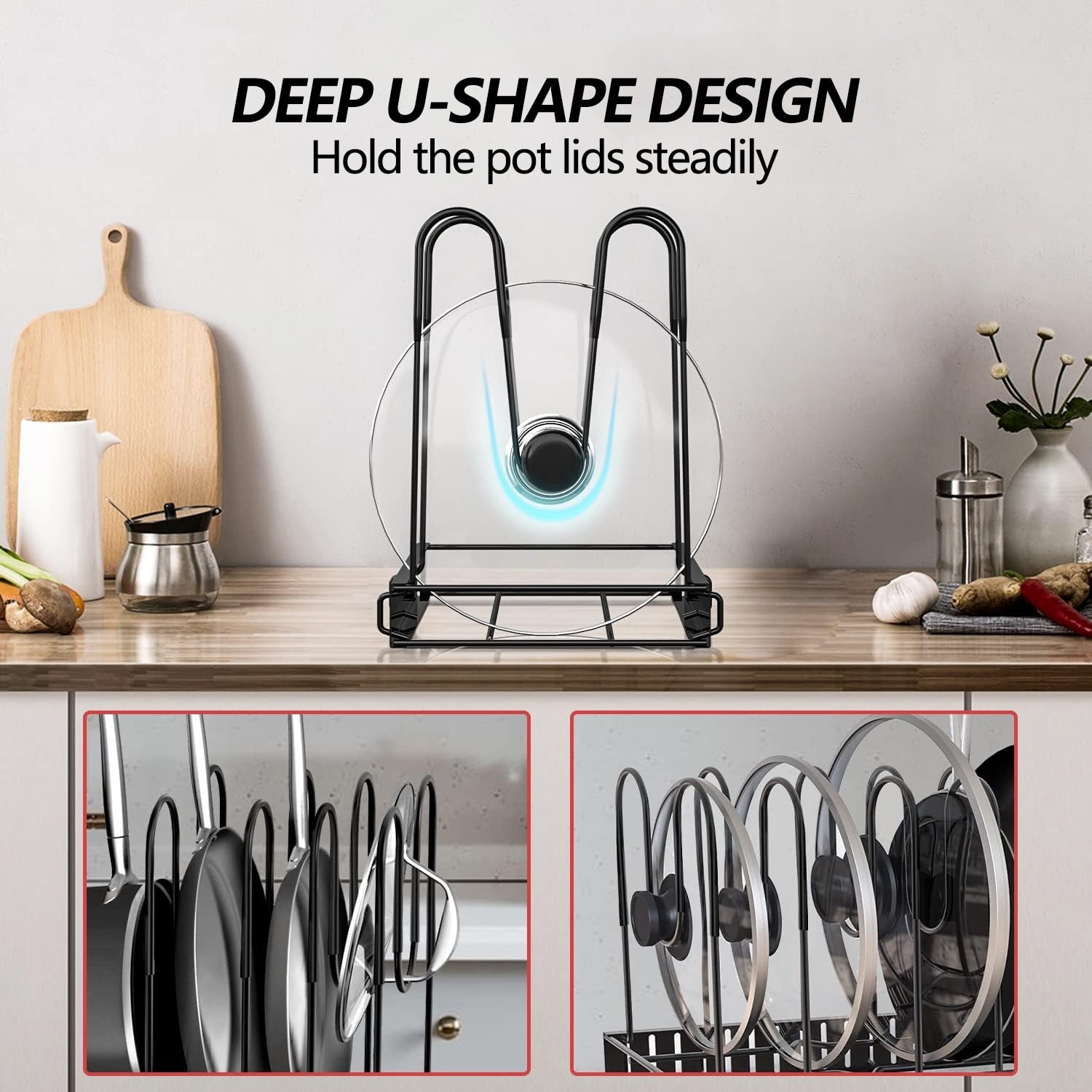 Adjustable 8-Tier Pots and Pans Organizer Rack with Heavy-Duty Metal Construction and Anti-Slip Silicone Pads for Kitchen Cabinet Storage Solutions
