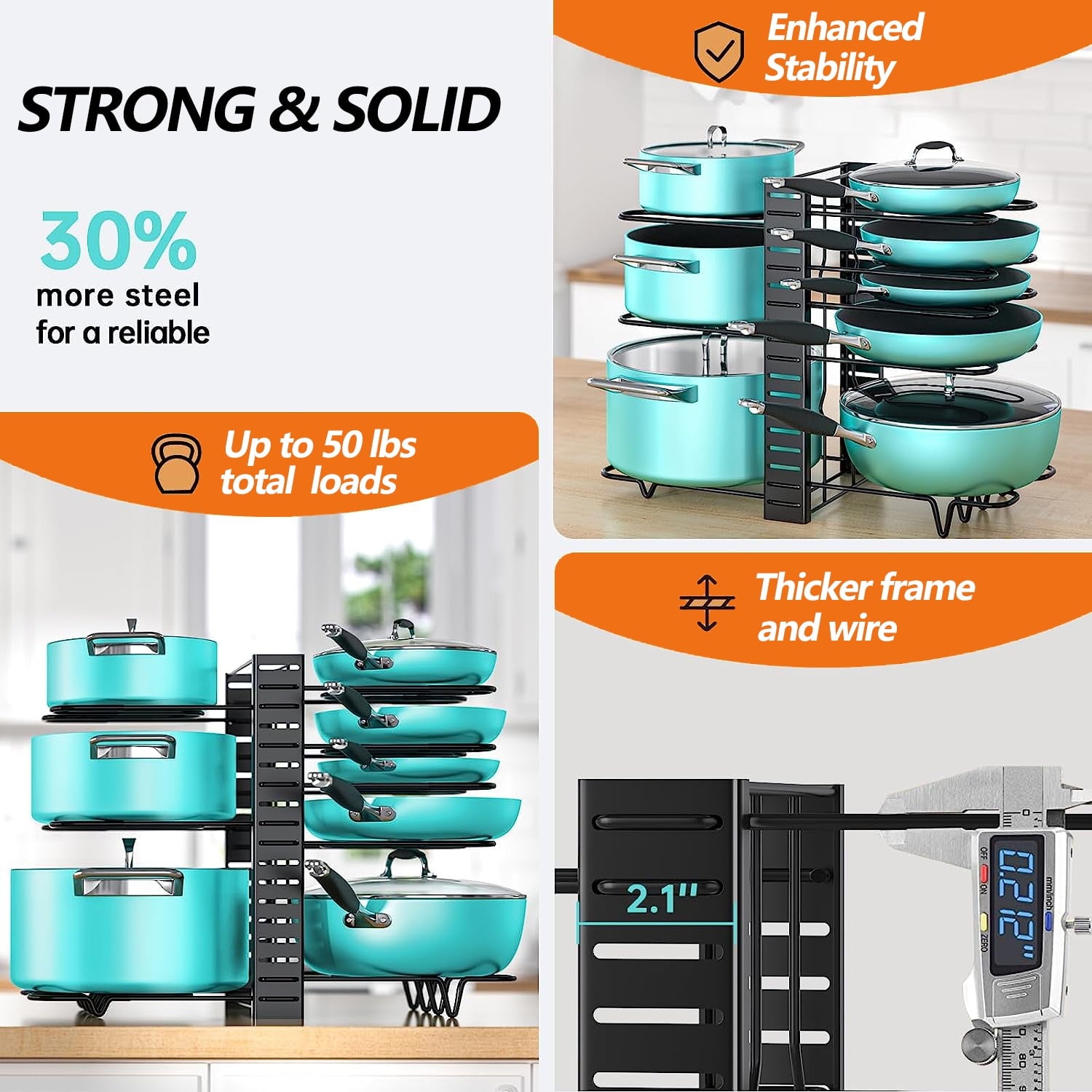 Adjustable 8-Tier Pots and Pans Organizer Rack with Heavy-Duty Metal Construction and Anti-Slip Silicone Pads for Kitchen Cabinet Storage Solutions