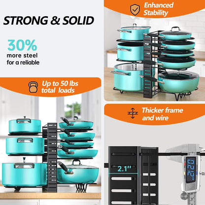 Adjustable 8-Tier Pots and Pans Organizer Rack with Heavy-Duty Metal Construction and Anti-Slip Silicone Pads for Kitchen Cabinet Storage Solutions