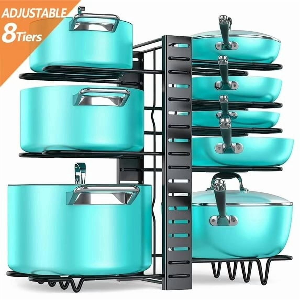 Adjustable 8-Tier Pots and Pans Organizer Rack with Heavy-Duty Metal Construction and Anti-Slip Silicone Pads for Kitchen Cabinet Storage Solutions