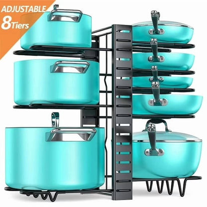 Adjustable 8-Tier Pots and Pans Organizer Rack with Heavy-Duty Metal Construction and Anti-Slip Silicone Pads for Kitchen Cabinet Storage Solutions
