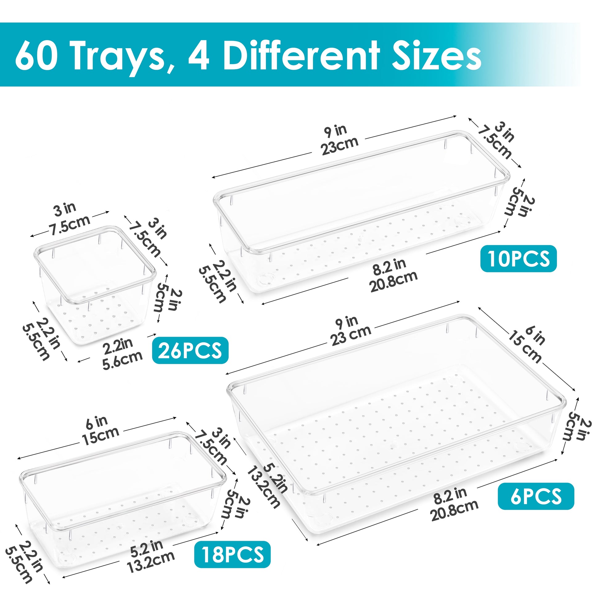 60 PCS Drawer Organizer, 4-Size Clear Plastic Bins Containers, for Bathroom and Vanity Storage