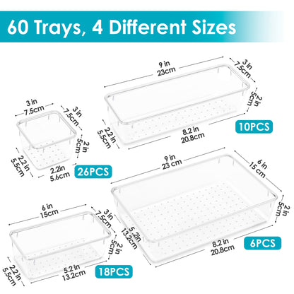 60 PCS Drawer Organizer, 4-Size Clear Plastic Bins Containers, for Bathroom and Vanity Storage