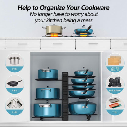 Adjustable 8-Tier Pots and Pans Organizer Rack with Heavy-Duty Metal Construction and Anti-Slip Silicone Pads for Kitchen Cabinet Storage Solutions