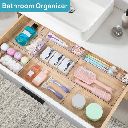 60 PCS Drawer Organizer, 4-Size Clear Plastic Bins Containers, for Bathroom and Vanity Storage