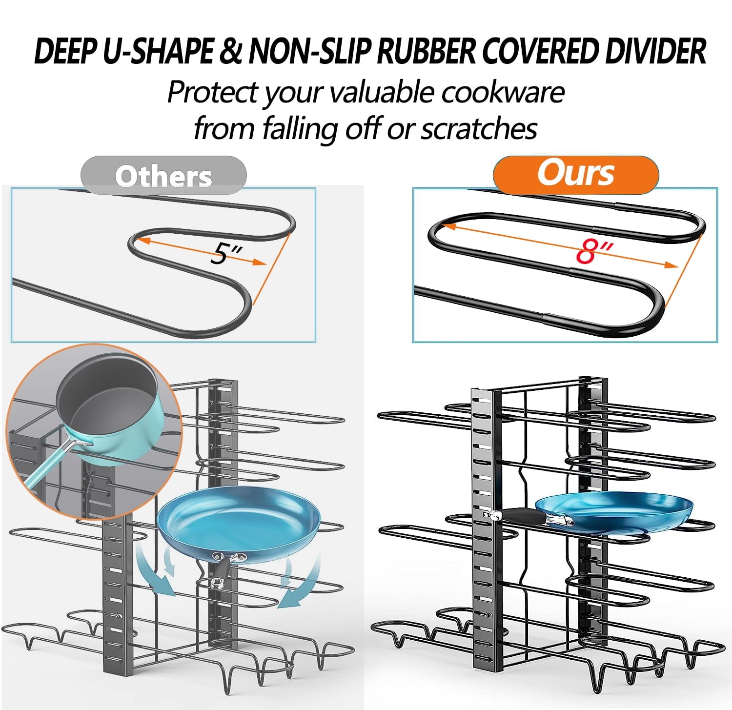 Adjustable 8-Tier Pots and Pans Organizer Rack with Heavy-Duty Metal Construction and Anti-Slip Silicone Pads for Kitchen Cabinet Storage Solutions