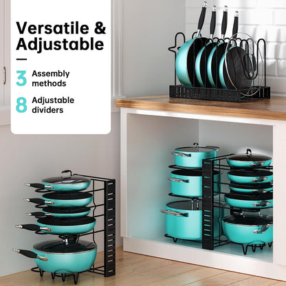 Adjustable 8-Tier Pots and Pans Organizer Rack with Heavy-Duty Metal Construction and Anti-Slip Silicone Pads for Kitchen Cabinet Storage Solutions