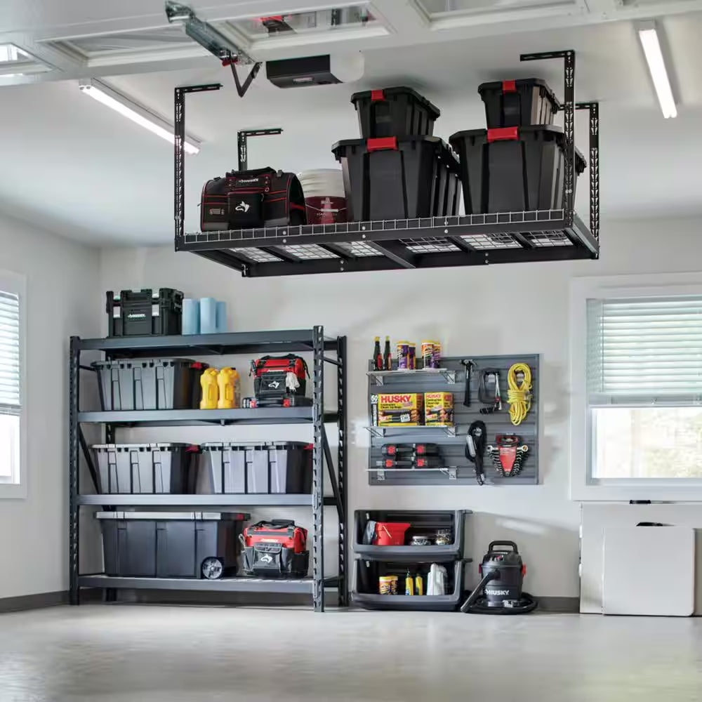 97.5 In. W X 43.75 In. H X 32 In. D Adjustable Height Metal Heavy-Duty Overhead Garage Storage Rack in Black