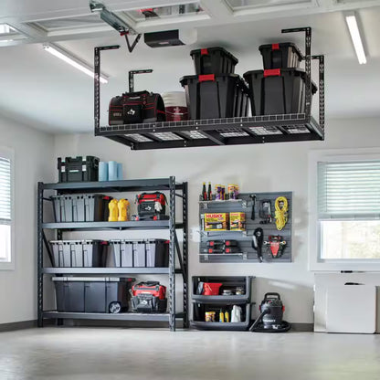 97.5 In. W X 43.75 In. H X 32 In. D Adjustable Height Metal Heavy-Duty Overhead Garage Storage Rack in Black